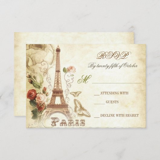 Bruiloft shabby RSVP kaarten - PARIS FRANKRIJK (Voorkant / Achterkant)