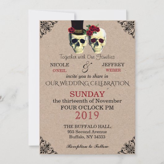 Bruiloft Skeleton Skulls Gothic Retro Invitation Kaart (Voorkant)