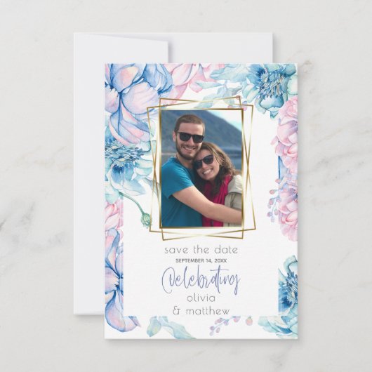 Bruiloft | Sky Blue en Bubblegum Pink Peonies Kaart (Voorkant)