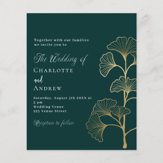 Bruiloft smaragd groene ginkgo budget uitnodiging (Voorkant)