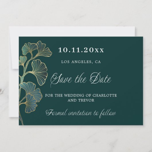 Bruiloft smaragdgroene ginkgo groen save the date (Voorkant)
