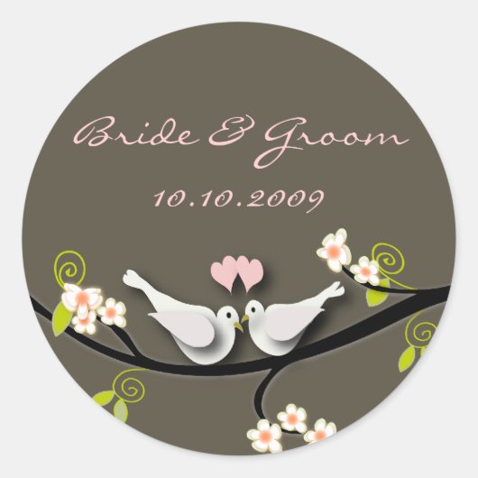 Bruiloft Sticker liefde duiven + bloesems tak (Voorkant)