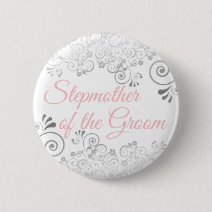 Bruiloft stiefmoeder van de bruidegom roze & grijs ronde button 5,7 cm