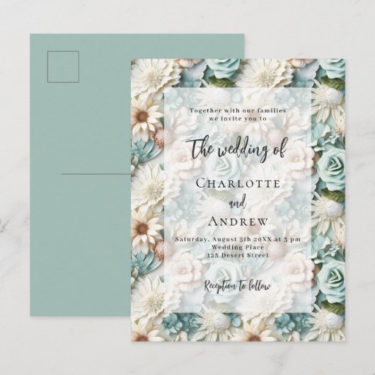 Bruiloft stoffige groene witte bloemen elegant uitnodiging briefkaart (Voorkant / Achterkant)