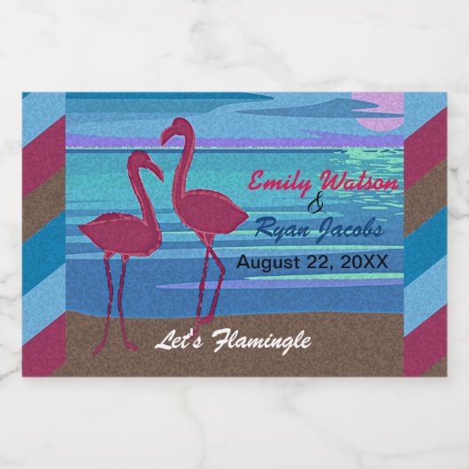 Bruiloft Strand bij Dusk Let's Flamingle Flaming Sparkling Wijnetiket (Enkel label)