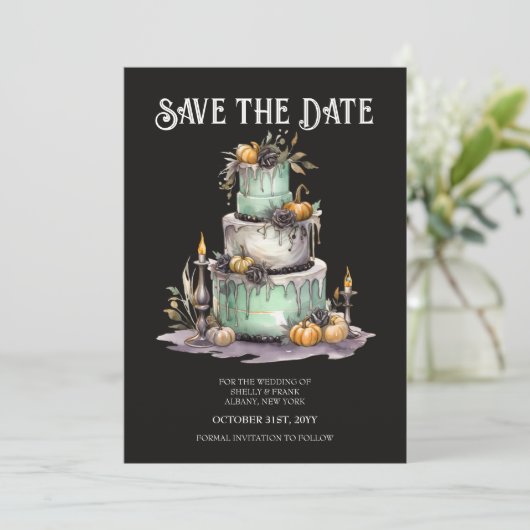 Bruiloft Taart Mint Halloween Save the Date Kaart (Staand voorkant)