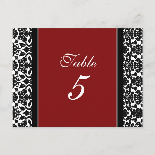 Bruiloft Tafel Nummer Kaarten Rood Damask (Voorkant)