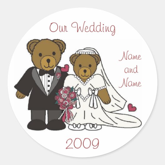 Bruiloft Teddybeer Sticker gunsten (Voorkant)