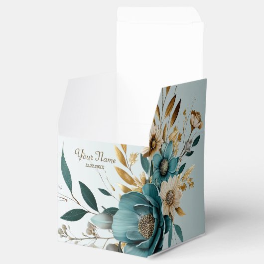 Bruiloft Turquoise witte bloem gouden bladeren Bedankdoosjes (Geopend)