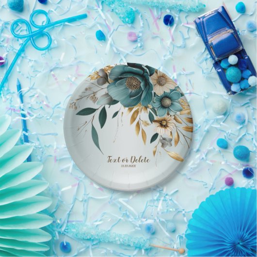 Bruiloft Turquoise witte bloem gouden bladeren Papieren Bordje (Feest)