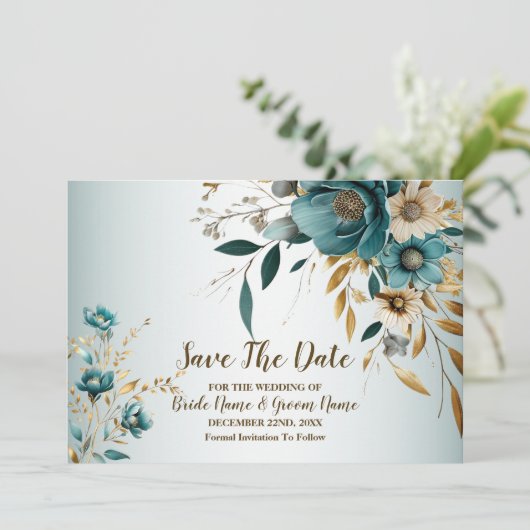 Bruiloft Turquoise witte bloem gouden bladeren Save The Date (Staand voorkant)