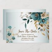 Bruiloft Turquoise witte bloem gouden bladeren Save The Date (Voorkant / Achterkant)
