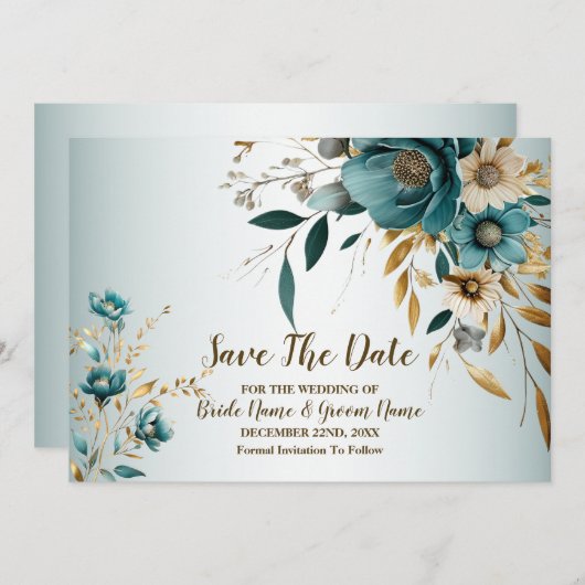 Bruiloft Turquoise witte bloem gouden bladeren Save The Date (Voorkant / Achterkant)