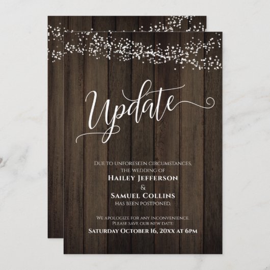 Bruiloft Uitgesteld Updatekaart met Rustieke Hout  Kaart (Voorkant / Achterkant)