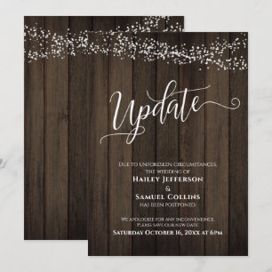 Bruiloft Uitgesteld Updatekaart met Rustieke Hout Kaart
