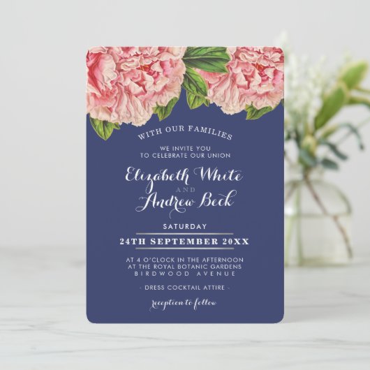 BRUILOFT UITNODIGEN bush roze bloemenpioen bloem n Kaart (Staand voorkant)