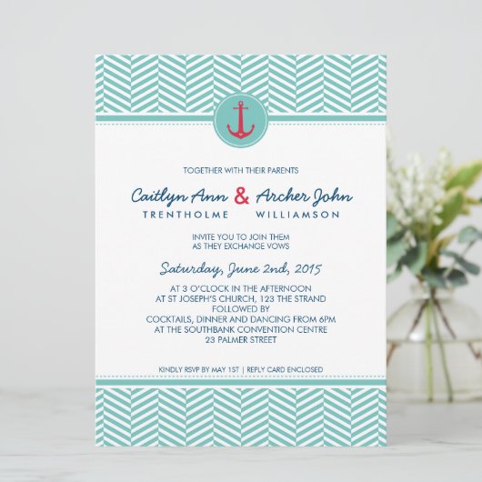BRUILOFT UITNODIGEN nautisch anker aangepaste mono Kaart (Staand voorkant)