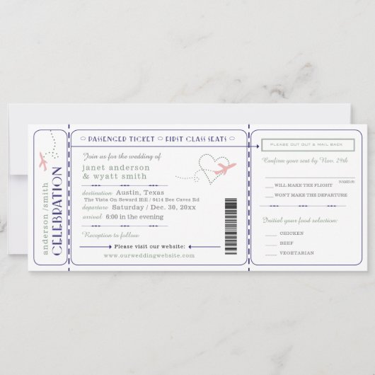Bruiloft Uitnodigen Reizen Boarding Pass RSVP Maal Kaart (Voorkant)