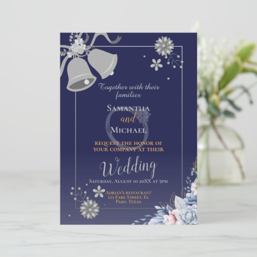 Bruiloft uitnodiging: blauw en zilveren bel, rsvp, kaart (Staand voorkant)