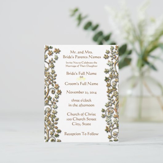 Bruiloft uitnodiging-bruine wervelingen en bloemen uitnodiging briefkaart (Staand voorkant)