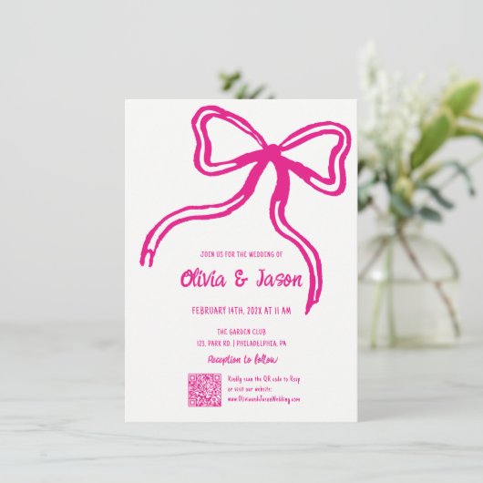 Bruiloft uitnodiging grillige strik roze (Staand voorkant)