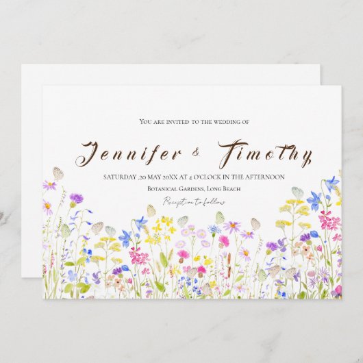 Bruiloft uitnodiging kleurrijke weide en vlinder (Voorkant / Achterkant)