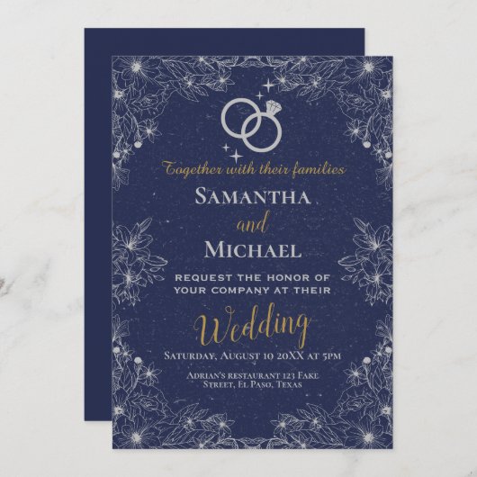 Bruiloft uitnodiging: marineblauw, zilver, rsvp, Q Kaart (Voorkant / Achterkant)