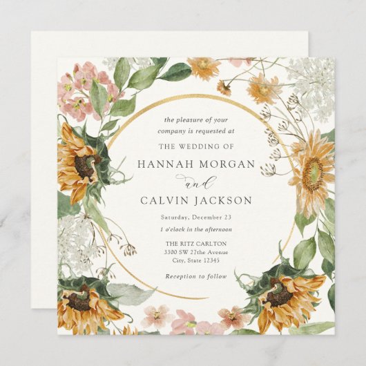 Bruiloft uitnodiging met landelijke zonnebloem (Voorkant / Achterkant)