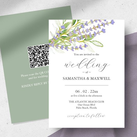Bruiloft uitnodiging met QR Code Botanische Lavend
