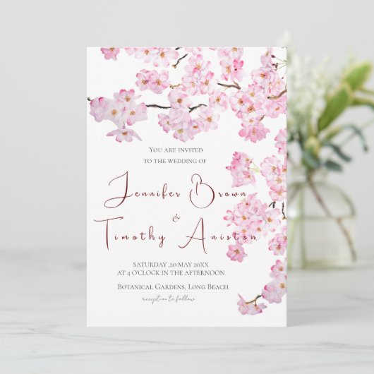 Bruiloft uitnodiging roze kersenbloesem 2024 (Staand voorkant)