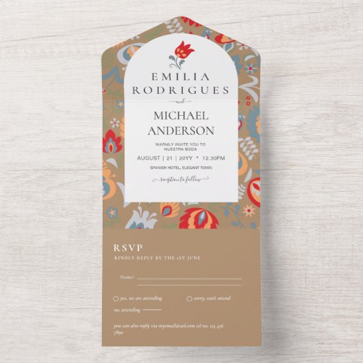 Bruiloft Uitnodiging Spaans Engels Rsvp FOLKART (Binnen)