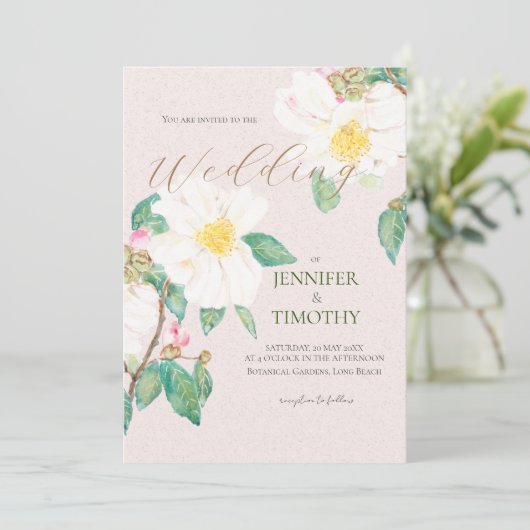 Bruiloft Uitnodiging witte camelia bloemen (Staand voorkant)