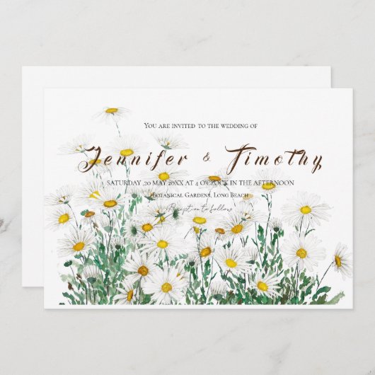 Bruiloft uitnodiging witte daisy inkt en waterverf (Voorkant / Achterkant)