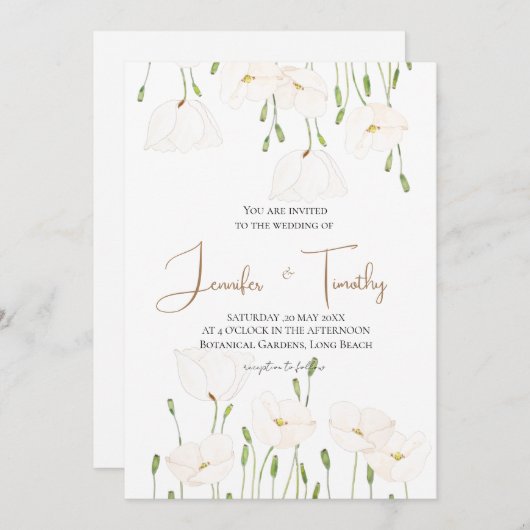 Bruiloft Uitnodiging witte papaver bloemen (Voorkant / Achterkant)