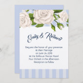 Bruiloft uitnodiging-witte rozen op blauwe strepen kaart (Voorkant / Achterkant)