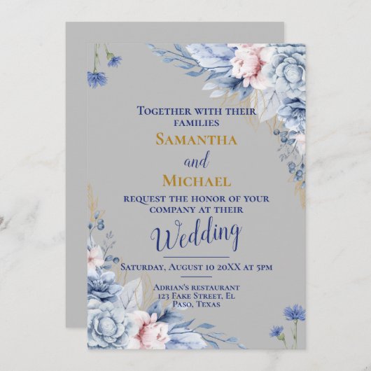 Bruiloft uitnodiging: zilver, bloemen, rsvp, QR Kaart (Voorkant / Achterkant)