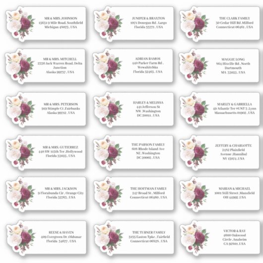 Bruiloft uitnodigingen Bourgondische bloemen adres Sticker (Voorkant)