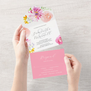 Bruiloft uitnodigingen met RSVP Card Roze Bloemen