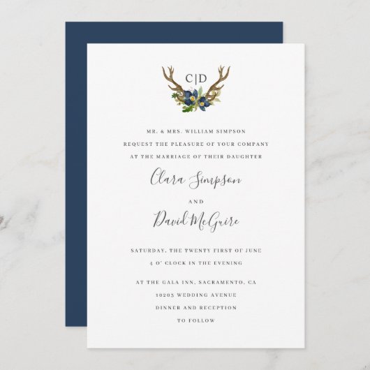 bruiloft van Bright Oak-monogram Acorn en Antlers Kaart (Voorkant / Achterkant)