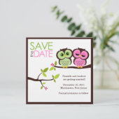 Bruiloft van groene en roze uilen save the date (Staand voorkant)