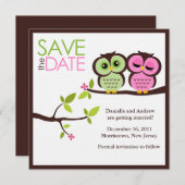 Bruiloft van groene en roze uilen save the date (Voorkant / Achterkant)