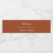 Bruiloft verbrande oranje terracotta script dank u waterfles etiket (Enkel label)