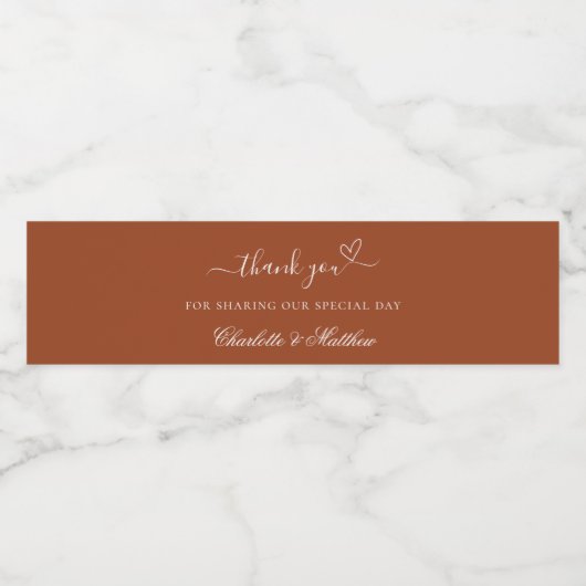 Bruiloft verbrande sinaasappel terracotta hart dan waterfles etiket (Enkel label)