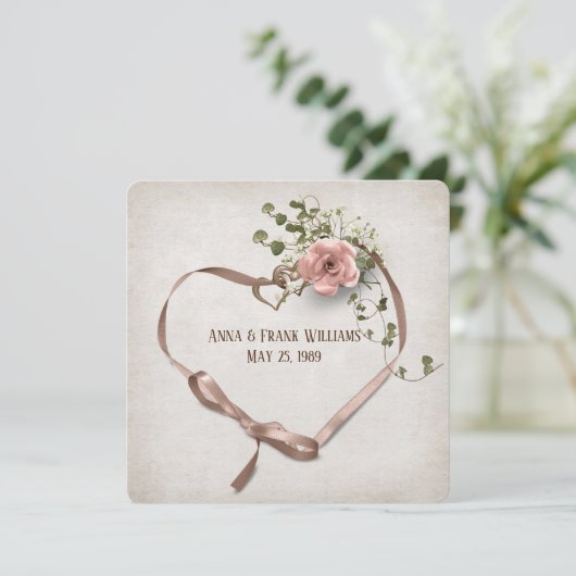 bruiloft vernieuwend lint hart met ringen kaart (Staand voorkant)