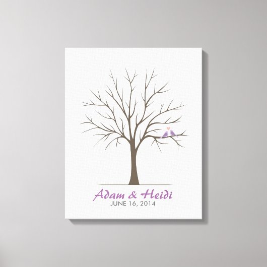 Bruiloft Vingerafdruk Boom - Tortelduifjes - Paars Canvas Afdruk (Voorkant)