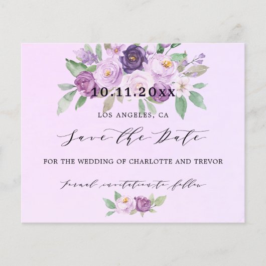 Bruiloft violette bloemen budget sparen de datum flyer (Voorkant)
