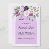Bruiloft violette paarse bloemen boog QR code webs Save The Date (Voorkant)