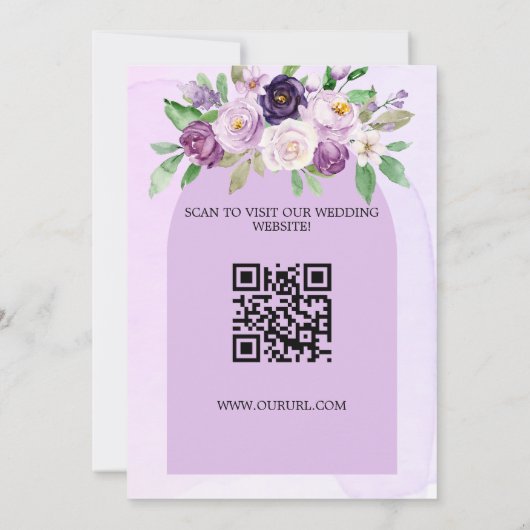 Bruiloft violette paarse bloemen boog QR code webs Save The Date (Achterkant)