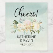 Bruiloft Waterverf Bloemen Roze Groen PROOST! Wijn Etiket (Enkel label)