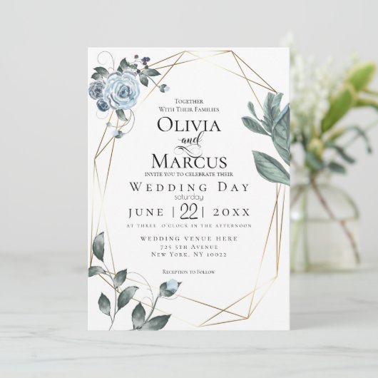 BRUILOFT | Waterverf Dusty Blue Floral Kaart (Staand voorkant)